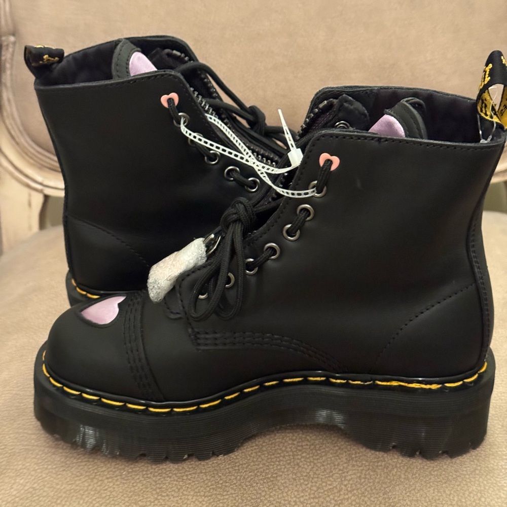 Dr. Martens Black Lace Up Boots with Pink and Purple Hearts - Picture 9 of 15